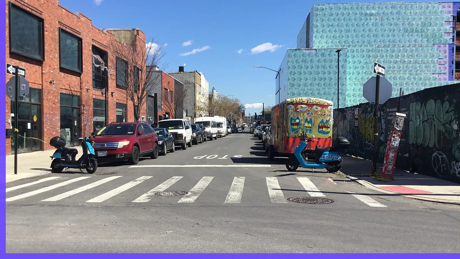 A Brooklyn neighborhood streetscape illustrating art in Bushwick